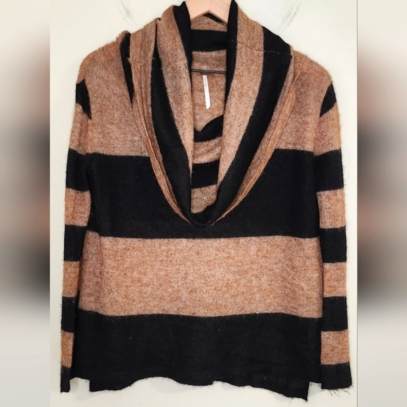Free People Womens Cowl Neck Sweater Size S Brown Black Stripe Alpaca Blend - Picture 1 of 7